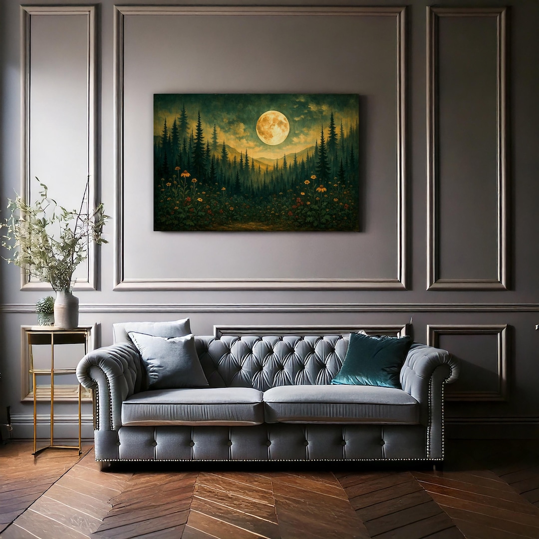 Moonlit Forest Landscape Wall Art, Mystical Night Nature Canvas Print ...