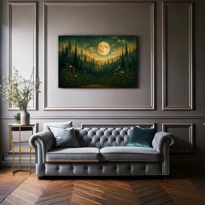 Moonlit Forest Landscape Wall Art, Mystical Night Nature Canvas Print, Full Moon Over Pine Trees Artwork for Living Room Decor