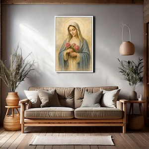 Virgin Mary with Roses Canvas Print, Catholic Wall Art, Mother Mary Religious Painting, Blessed Madonna Spiritual Decor