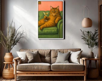 Orange Cat with Martini Wall Art – Funny Cocktail Cat Canvas – Whimsical Pet Poster for Lounge, Bar Area, or Cat Lover's Relaxation Room