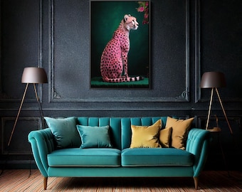 Rosa gepard på grönt konsttryck | Smaragdgrön modern djurkonst | Väggdekor i modern maximalistisk stil | Mörkgrön heminredning
