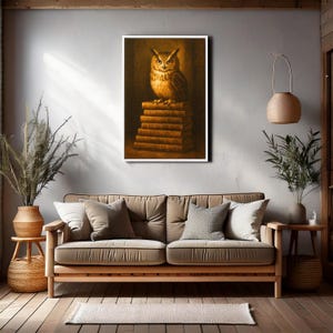 Stampa su tela con gufo saggio su libri, decorazione da parete con animali in stile vintage per studio o biblioteca, poster con uccello intellettuale