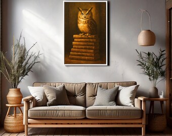 Wijze uil op boeken canvaskunst, vintage stijl dierenmuur decor voor studie of bibliotheek, intellectuele vogel posterprint