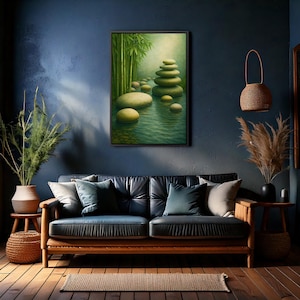 Arte mural de piedras de meditación, lienzo con la tranquilidad del bosque, póster minimalista inspirado en un spa verde, póster de bambú