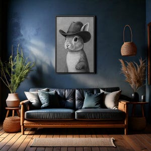 Cowboy Bunny Wall Art – Black and White Funny Rabbit Poster – Rustic Western Animal Print for Nursery, Farmhouse or Whimsical Home Decor