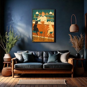 Affiche rétro de chats de bar - oeuvre d&#39;art murale élégante pour salon de cocktail avec des chats chics et un barman, décoration d&#39;intérieur lunatique d&#39;inspiration vintage