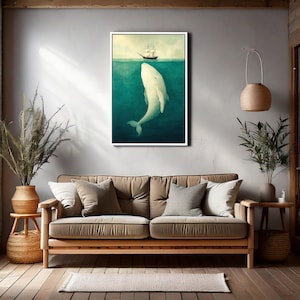 Arte mural de ballena inspirado en Moby Dick, impresión náutica oceánica, ilustración vintage de barco y ballena, lienzo vertical de vida marina