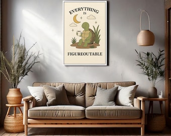 Everything Is Figureoutable Turtle Poster – Urocza motywująca sztuka ścienna z kawą i księżycem, boho zwierzęcy nadruk do przytulnego wystroju