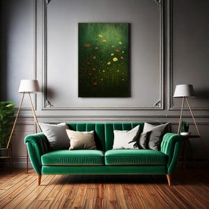 Wildflower Meadow Wall Art, Dark Green Botanical Canvas Print, Nature-Inspired Floral Artwork for Living Room or Bedroom
