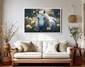 May include: A white horse with a light blue eye stands in a field of white flowers. The horse is looking directly at the camera. The background is a soft, blurred green.
