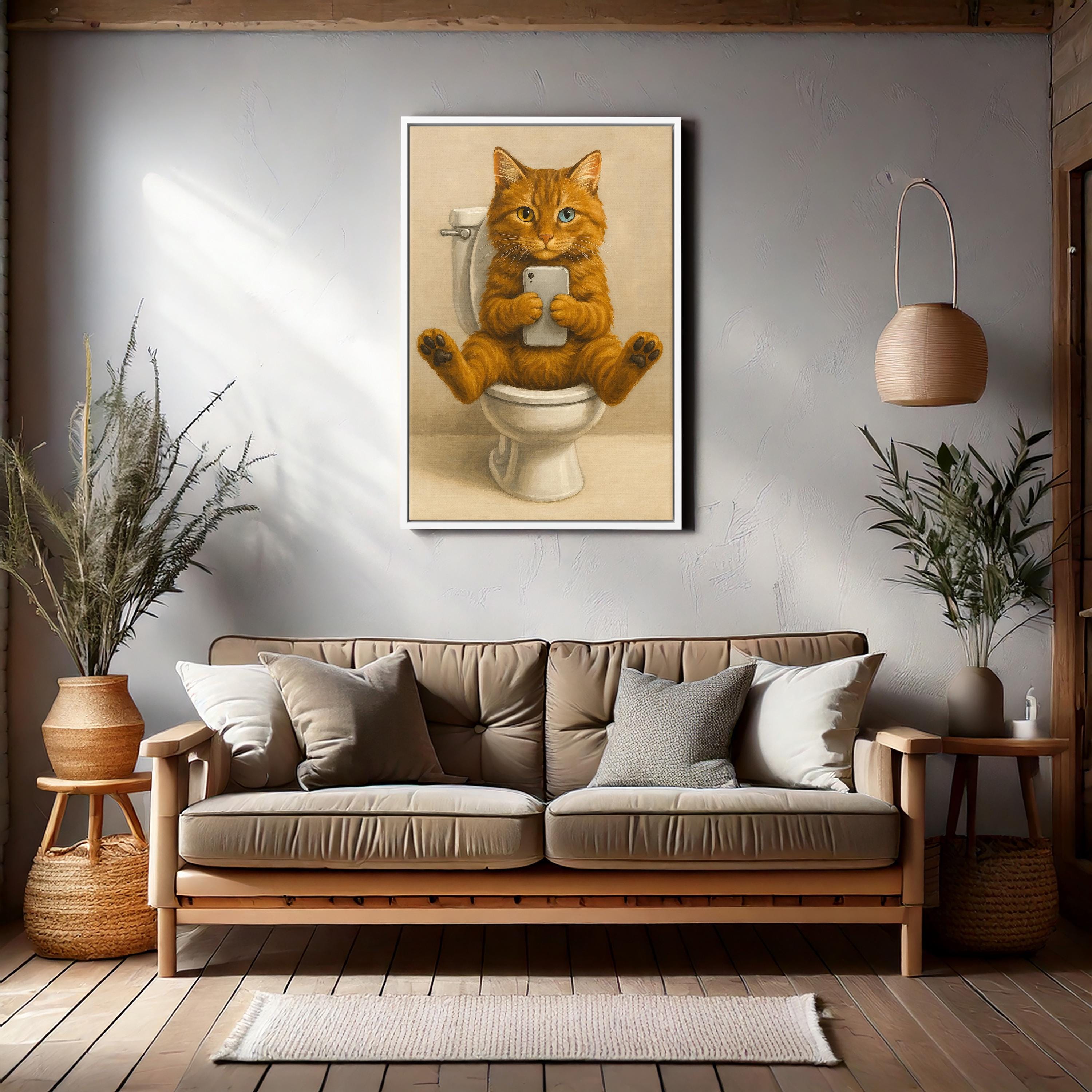 Orange Cat on Toilet Wall Art – Funny Bathroom Poster With Phone ...