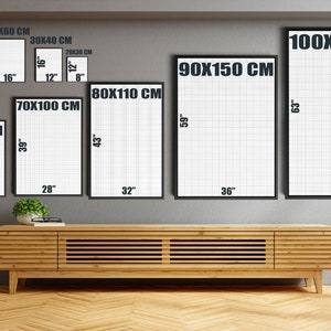 May include: A collection of framed art prints in various sizes, ranging from 8x12 inches to 39x63 inches, displayed against a gray wall. Each print features a grid pattern and is labeled with its dimensions in both centimeters and inches.