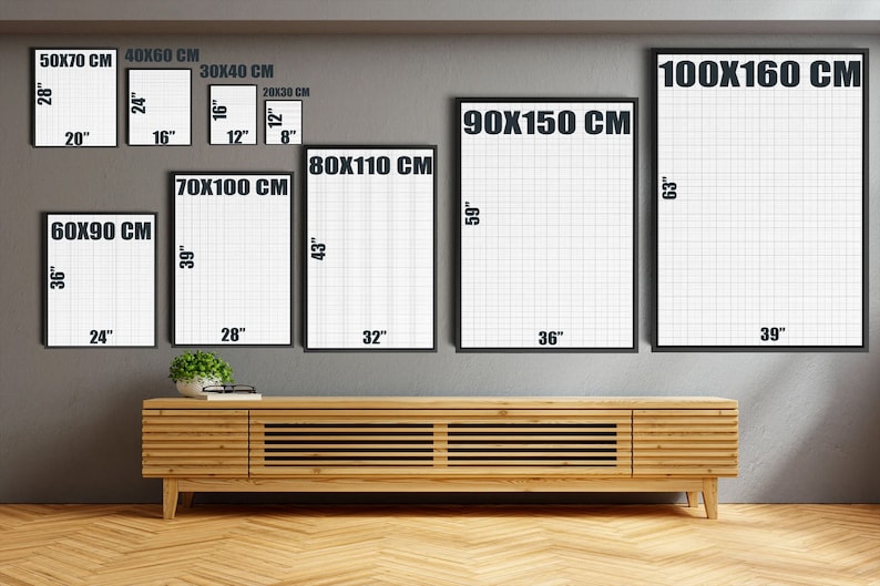 May include: A collection of framed art prints in various sizes, ranging from 8x12 inches to 39x63 inches, displayed against a gray wall. Each print features a grid pattern and is labeled with its dimensions in both centimeters and inches.