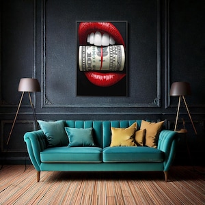 Woman Vampire Teeth with Money Art Print | Red Lips Gothic Design | Dark Fantasy Wall Art for Home Decor