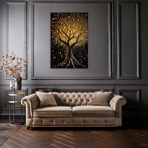 Golden Tree of Life Wall Art Print | Dark Maximalist Botanical Canvas | Enchanted Forest Landscape Artwork, Moody Nature Inspired Home Decor