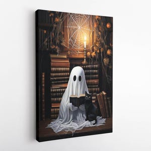 Ghost in a Library, Ghost and Black Cat Reading Print, gothic style, spider web around