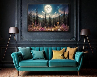 Framed Moonlit Pine Forest Canvas | Full Moon Wildflower Painting | Rustic Mountain Wall Art | Woodland Nature Decor |Gift for Nature Lovers
