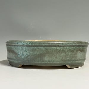 May include: A shallow, oval-shaped ceramic bonsai pot with a muted sage green glaze. The exterior features a subtle, mottled texture with darker green and grey tones. The pot has a thick, rounded rim and rests on small, integrated feet.