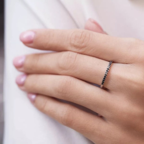 Dainty Black Diamond Stacking Eternity Ring Minimalist Ring Simple Diamond Ring Sterling Silver Ring For Gift Delicate Ring Eternity Band