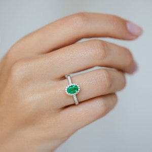 Emerald Halo Ring, Emerald Cut Green Diamond Ring, Oval Emerald Ring, Silver Emerald Diamond Ring , Women's diamond ring image 1