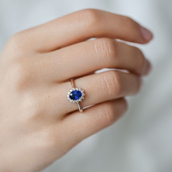 Sapphire Ring- Sterling Silver Ring- Oval Sapphire Engagement Ring- Promise Ring September Birthstone Anniversary Gift