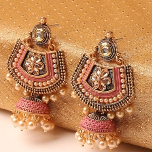 Pink Meenakari Kundan & Pearl Floral Ethnic Drop Jhumka Earrings,  Earrings For Women, Dangle Earrings, Bollywood Style