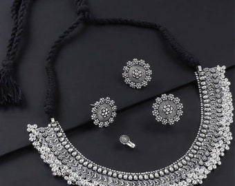 Bollywood Oxidized Silver Plated Party wear Adjustable Thread Choker Necklace Jewelry set with Studs, Adjustable Ring & Nose Pin