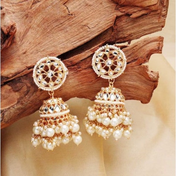 White Gold Pearl Jhumka/Punjabi Jewelry/Bollywood Jewelry/Gold Kundan Jhumkas/TrendyJhumka Earring/Jewelry/Pakistani Jewelry