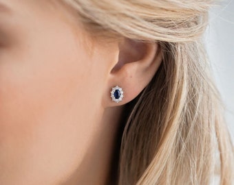 Small Sapphire Stud Earrings | Diamond Earrings for Women | Gemstone Earrings | Sterling Silver Studs |Women's Earring September birthstone