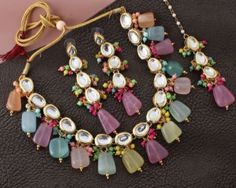 Multi Color Kundan Vergulde Kundan ketting/oorbellen/jhumkis/jhumka mala/verjaardagscadeau/verjaardag partij juwelen/bollywood sieraden