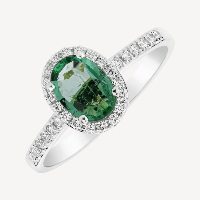 Emerald Halo Ring, Emerald Cut Green Diamond Ring, Oval Emerald Ring, Silver Emerald Diamond Ring , Women's diamond ring image 2