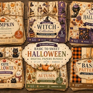 Peut inclure: Un lot de papiers numériques comprenant six collections de motifs sur le thème d'Halloween et de l'automne. Chaque pile contient cinq motifs sans raccord avec des illustrations de citrouilles, chats, sorcières et fantômes.