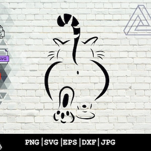 Puede incluir: Diseño de silueta de gato en blanco y negro. El gato se representa desde atrás, con la cola arqueada y a rayas. La imagen incluye iconos de tipo de archivo para los formatos AI, PNG, DXF, SVG y EPS, junto con un logotipo y etiquetas de tipo de archivo.