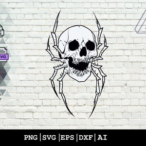 スパイダー スカル SVG、ゴシック SVG、スケルトン SVG、動物 T シャツ デカール タトゥー グラフィック、クリカット シルエット クリップアート ベクター デジタル DXF PNG EPS Ai