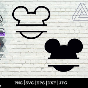 May include: Two black and white split monogram designs featuring Mickey Mouse ears. The top design has a thin outline and the bottom design is filled in.