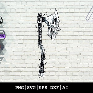 May include: Black and white line art illustration of a skull axe. The axe is wrapped with a rope-like material and the skull has a fierce expression.
