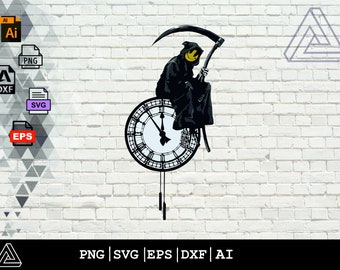 Tod Uhr SVG | Totenuhr Clipart | Death Clock Schnittdatei | Totenuhr Schablone | Tod Tshirt Design | Halloween Lächeln Gesicht Dxf | Png