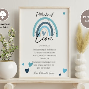 Patenbrief PDF oder Print | Regenbogen Herzen blau | Spruch Patenurkunde personalisierbar | Taufgeschenk für Patenkind | Taufbrief
