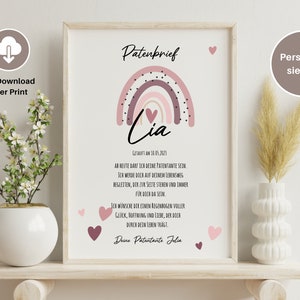 Patenbrief PDF oder Print Regenbogen Herzen rosa | Spruch Patenurkunde personalisierbar | Taufgeschenk für Patenkind | Taufbrief