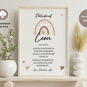 Patenbrief | Ausdruck auf Leinenstrukturpapier | Regenbogen Herzen beige | Spruch personalisierbar | Taufbrief Geschenk Patenkind