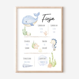 Geburtsposter | Ausdruck auf Leinenstrukturpapier | Wal Löwe Elefant | Unterwasser Safari Tiere