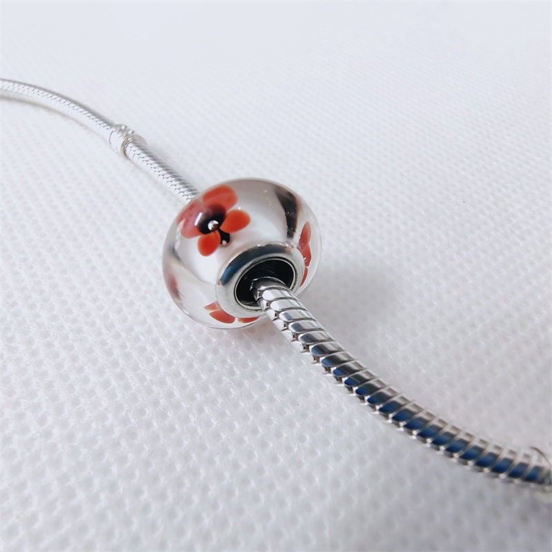 Pandora Red Poppy Murano Glass Charm for Bracelet Bead Silver