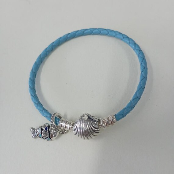 S925 Ale Turquoise Blue Leather Pandora Moments Seashell Bracelet