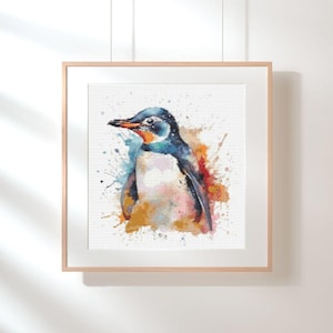 Patrón de punto de cruz de pingüino lindo en acuarela, patrón de punto de cruz moderno, patrón de guardián de patrones, animal, vida salvaje, arte de pared apto para principiantes