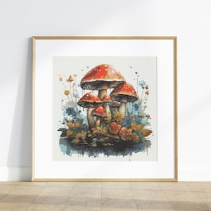 May include: A watercolor painting of a cluster of red and white mushrooms with white spots growing in a forest setting. The mushrooms are surrounded by green leaves and blue flowers.