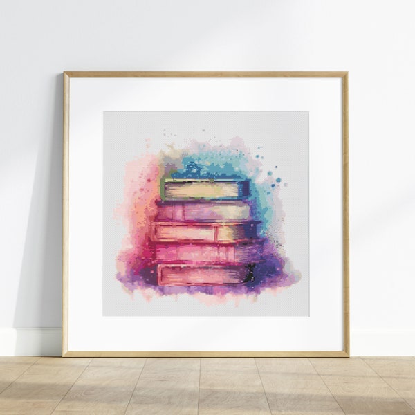 Rainbow Watercolour Books Cross Stitch Pattern, Modern Cross Stitch Pattern, Pattern Keeper, Bookish, Beginner Friendly wall art