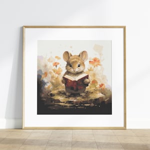 May include: A brown mouse sitting on a rock with a red book in its paws. The mouse is surrounded by flowers and a watercolour background.