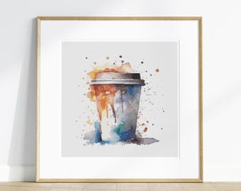 Puede incluir: Una pintura de acuarela de una taza de café con salpicaduras de color a su alrededor. La taza es blanca con una tapa marrón y un diseño azul y naranja.