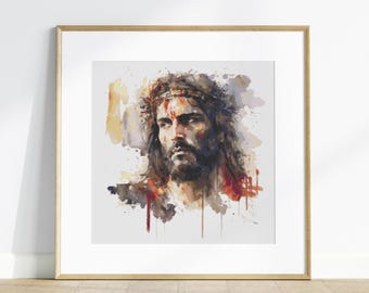 Puede incluir: Una pintura de acuarela de un hombre con una corona de espinas en la cabeza. La pintura está hecha en tonos de rojo, marrón y blanco, y la cara del hombre está llena de dolor y tristeza.