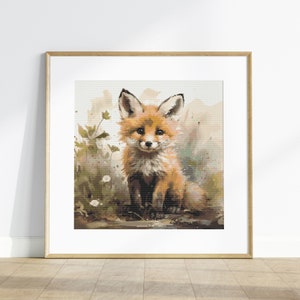 May include: A watercolor painting of a cute fox cub sitting in a forest setting. The fox has orange fur with white markings on its chest and a fluffy tail.